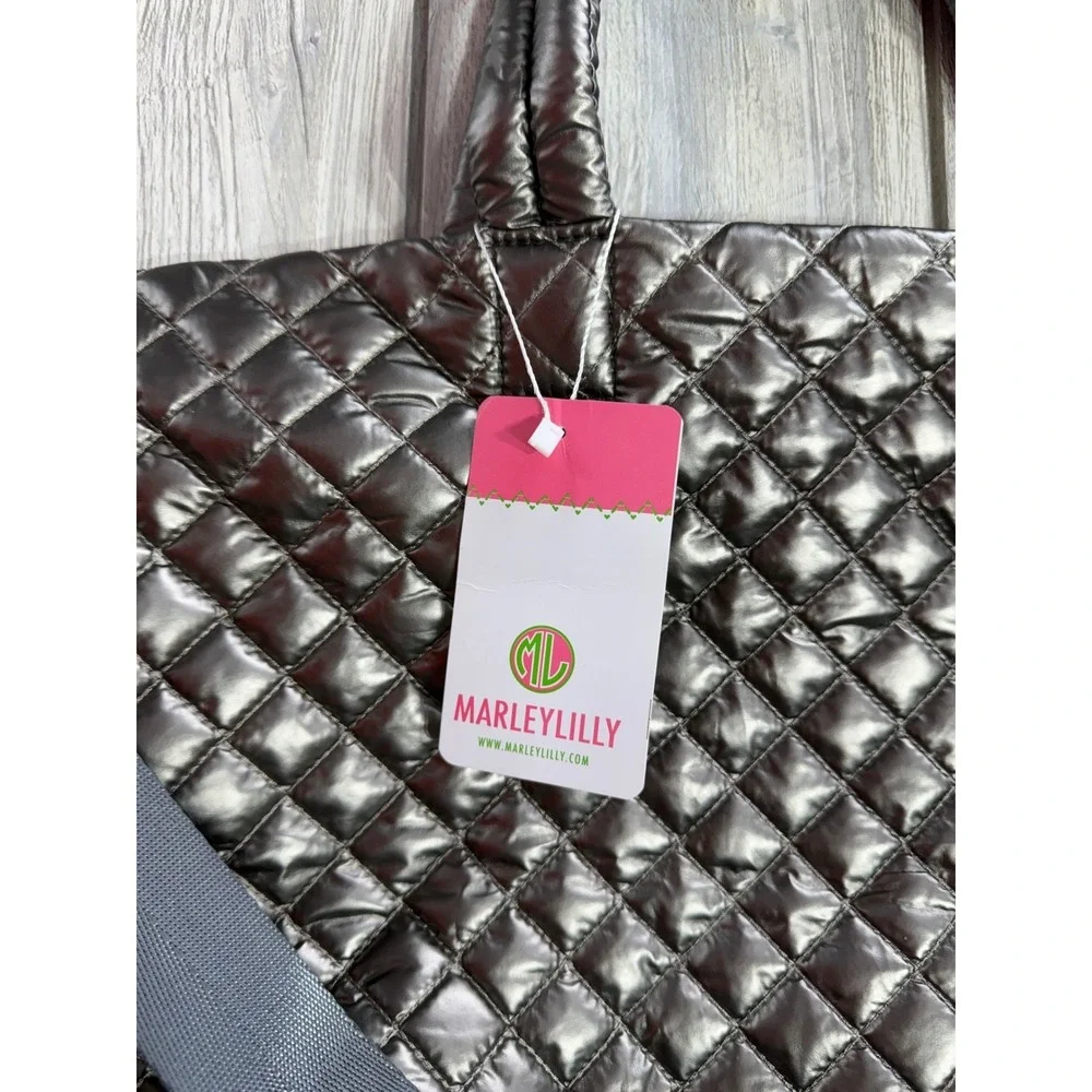 Marleylilly Quilted Weekender Bag Metallic Gunmetal Gray Puffer Travel Tote NWT